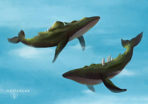Whales fly in a blue sky, with islands upon their backs.