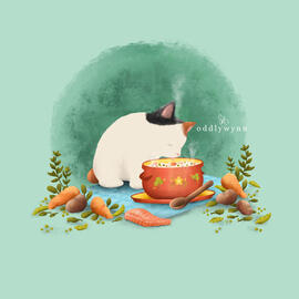 A cat eating a cream soup from red and floral patterned dish.