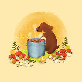 A dachshund dog stirring a large pot of chili.