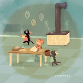 Three cats baking pies.