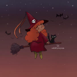 A witch in red with curly red hair on a broomstick with her black cat.