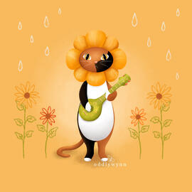 A calico cat on two feet, playing a green ukulele, and wearing a large flower like a lion's mane.