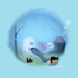 A ghost hanging laundry on a windy day with a cat sleeping in a basket