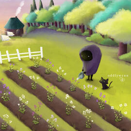 A creature waters rows of potato plants.