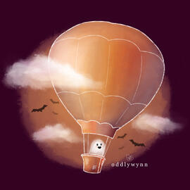 A flies in a hot air balloon, among bats in the sky.