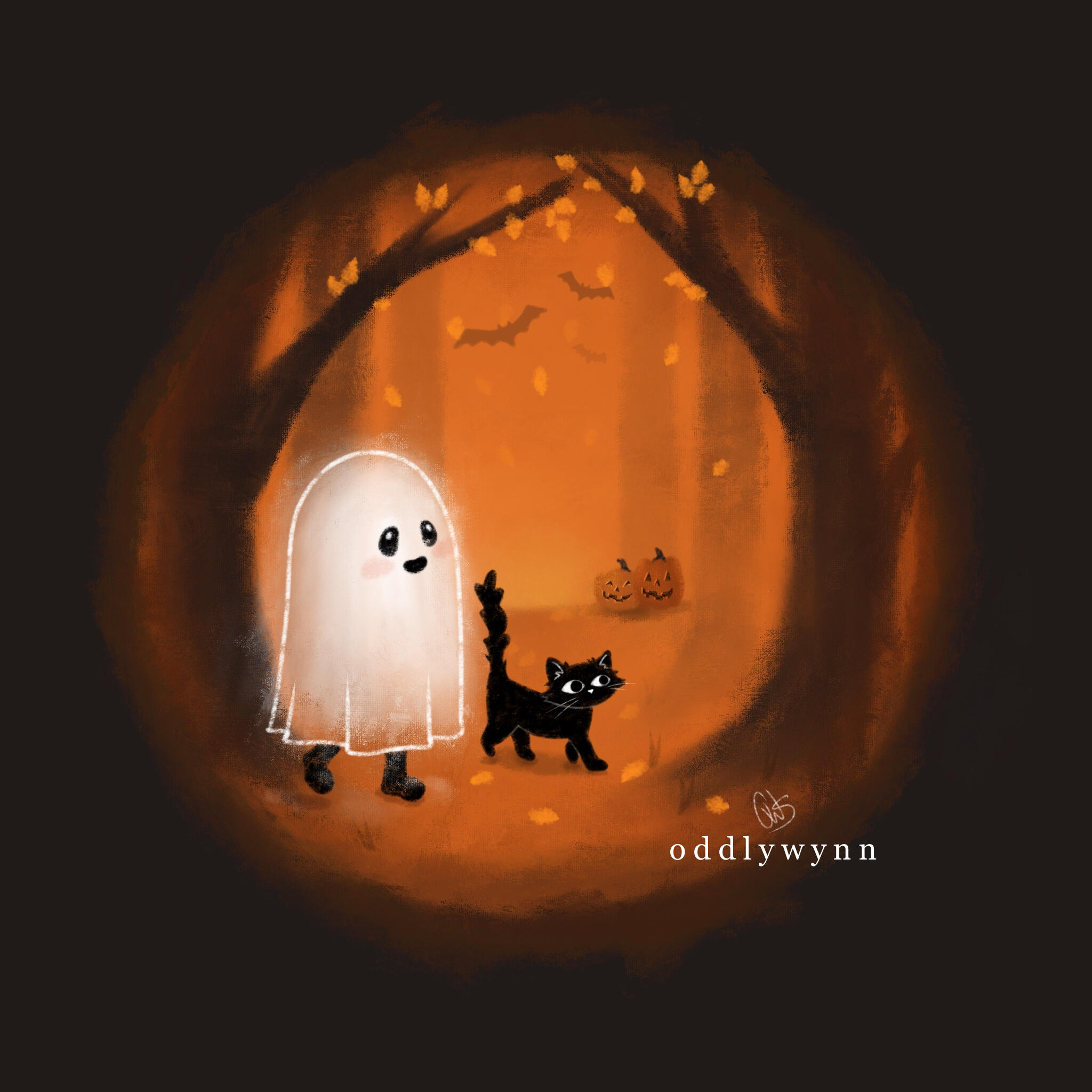 A ghost and a black cat walking through autumn woods, pumpkins in background.