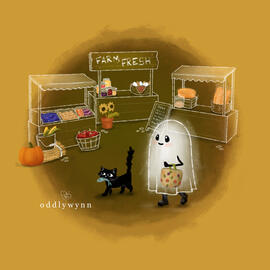 A ghost and a black cat strolling through a farmer’s market.