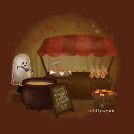 A ghost selling apple cider at a stall