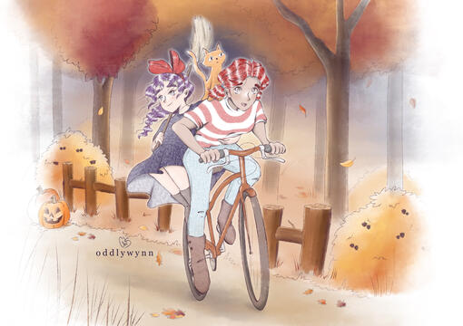 Two characters on a bike riding past autumn trees and pumpkins. One character has red hair in pigtails, an orange cat perched on her shoulder. The other has purple hair in a braid. They’re dressed as Kiki and Tombo from Kiki’s Delivery Service.